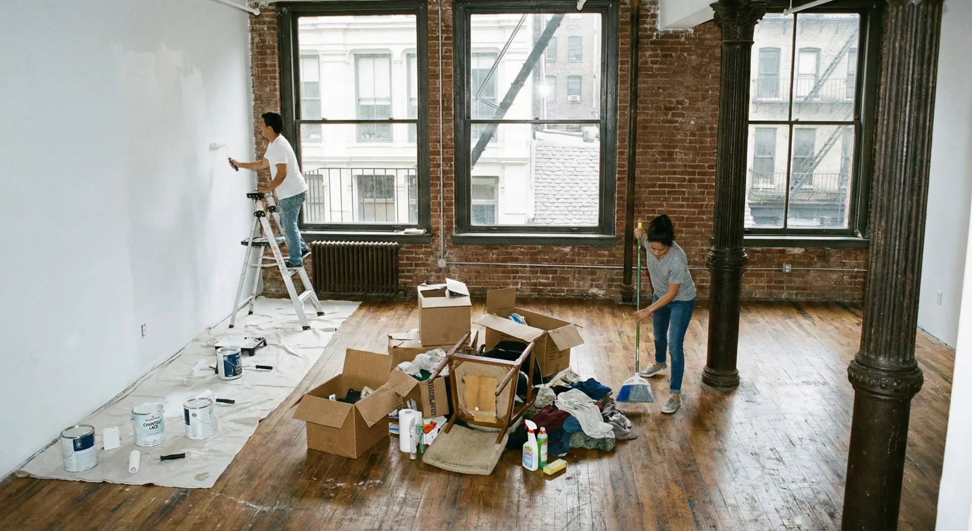 Professional office cleaning service in SoHo, Manhattan - view through iconic arched window with NYC yellow cabs below